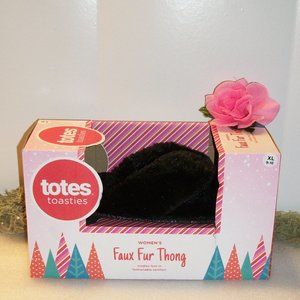 TOTES Size XL 9-10 Black Faux Fur Thong Slippers NEW